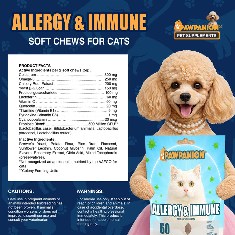 Allergy & Immune Soft Chews for Cats, Itchy Skin & Seasonal Allergy Relief, Omega 3 + Colostrum + Probiotics, Immune Support, 60 Soft Chews Bacon Flavor