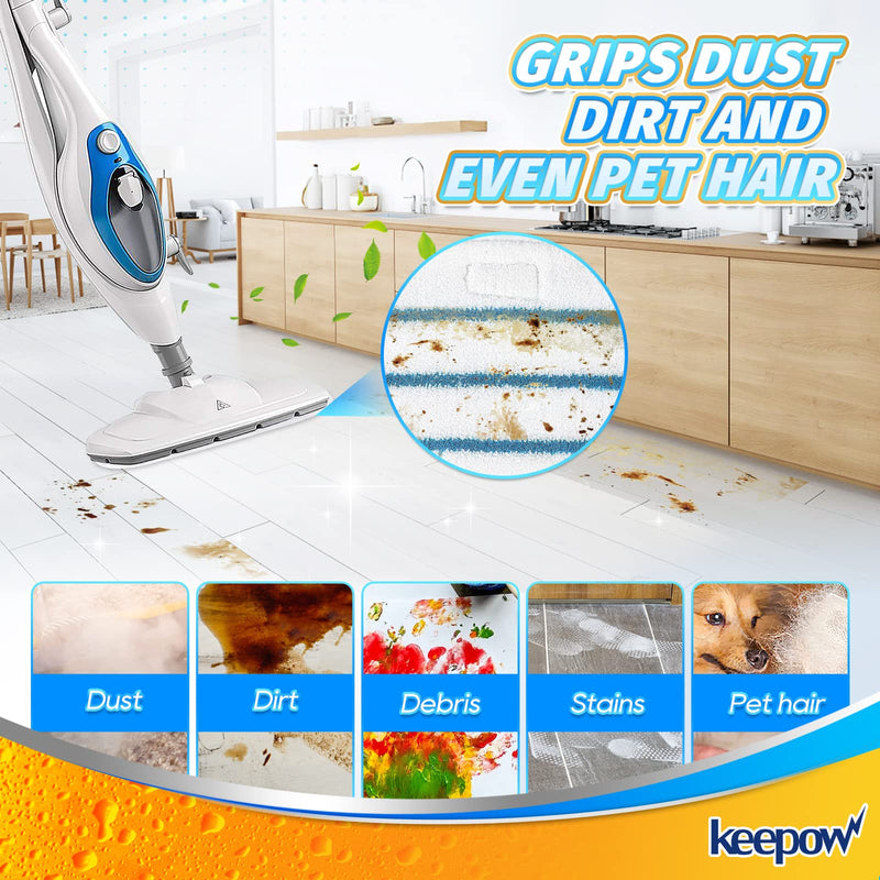 KEEPOW Steam Mop Pads Compatible with PurSteam Steam Mop Cleaner 10 in 1/ThermaPro 211, Reusable Microfiber Pur Steam Replacement Steamer Mop Pads Whole House Multipurpose Use (8 Pack) White/Blue