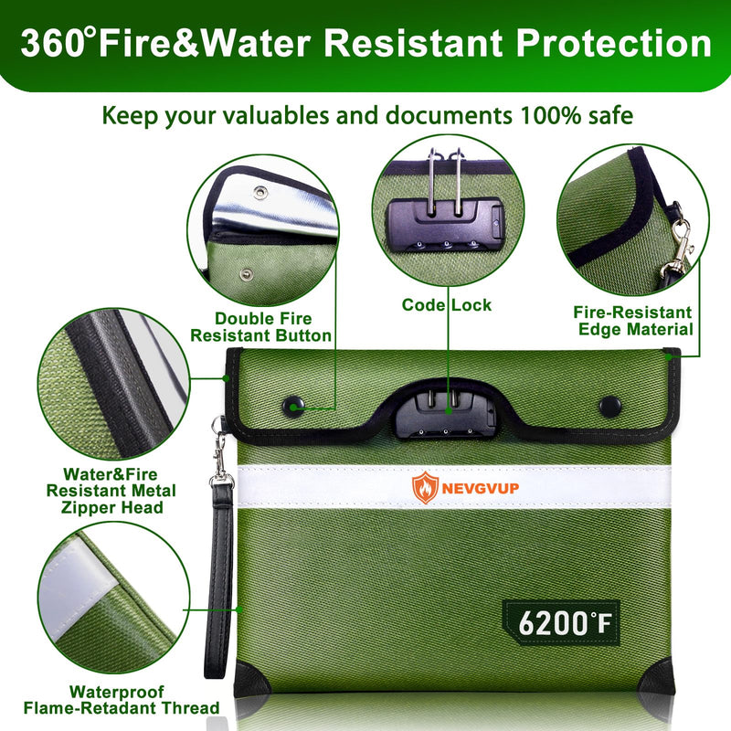 Upgraded 6200°F Fireproof Document Bag with Lock, Fire proof Money Bag for Cash with Zipper/Reflective Strip, 9 Layers of Heat Insulated Materials, Water Resistant Fireproof Bag for Documents,Safe Bag Green Inside Size 13.0“ x 10.0"