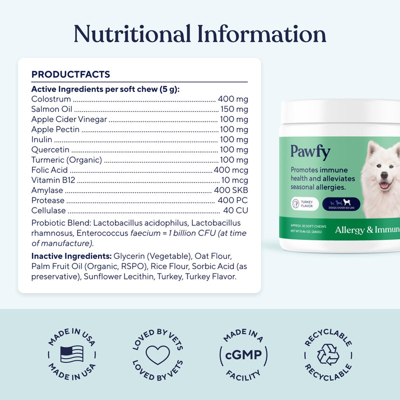 Pawfy Dog Allergy Chews for Large Breed with Itchy Skin & Paw Licking | Allergy & Immune Support for Dogs with Probiotics, Salmon Oil, Turmeric & Vitamin B12 | 30 Turkey Flavoured Chews