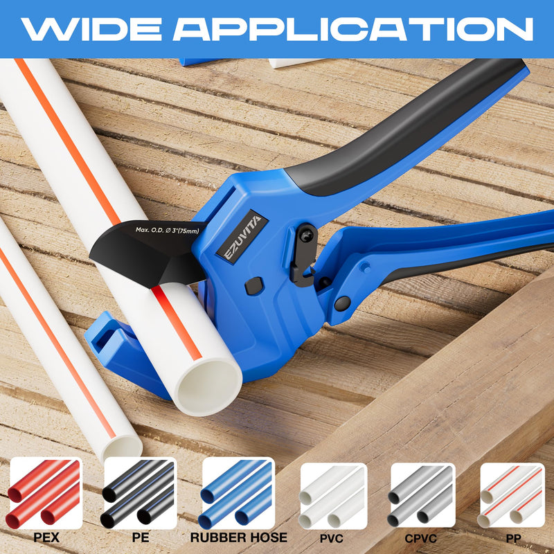 Ratchet PVC Pipe Cutter, Cuts Up to 3", Heavy-Duty Aluminum Ratchet Tubing Cutter Tool for PEX, PVC, CPVC, PE, PP, ABS and Rubber Hose, Suitable for Home Repair and Plumbing 3"