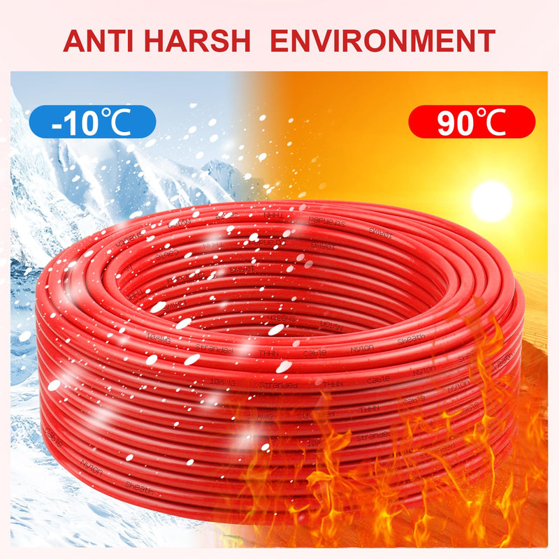 THHN Wire 10 Gauge 25 FT, 10 AWG Stranded OFC Copper Electrical Building Wire with Nylon Jacket PVC Insulation, Rated 600V for Residential, Industrial, CNC, Ground (10 Gauge, Red) 10 AWG 25FT