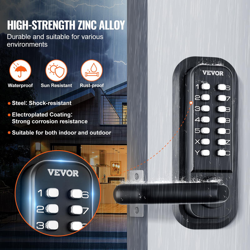 VEVOR Mechanical Keyless Entry Door Lock, 14 Digit Keypad, Double-Sided Embedded Outdoor Gate Door Locks Set with Keypad and Handle, Water-Proof Zinc Alloy, Easy to Install, for Garden, Yard, Garage Black Mechanical + Embedded + Double Side