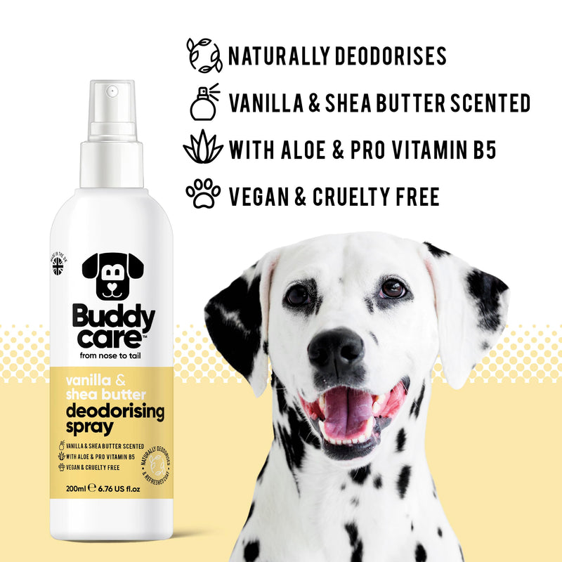 Dog Deodorising Spray - Deodorising Spray for Dogs - With Aloe Vera and Pro Vitamin B5 (Vanilla & Shea Butter, 200ml) - PawsPlanet Australia