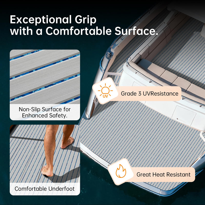 HZshark Boat Flooring EVA Foam Decking Sheet with 3M Self-Adhesive Backing, Non-Slip Marine Flooring for Boats Jon Boat Golf Cart Trailer Floor, DIY Cuttable Boat Deck Foam Teak Pad Grey with Ocean Seam Lines 47.2"x11.8"