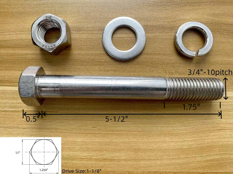 Hex Bolt, 3/4-10 * 5-1/2" Hex Head Screws Bolts, Nuts, Flat & Lock Washers,304 Stainless Steel 18-8, Partial Thread, 1 Set by DYFOL 3/4-10 * 5-1/2"