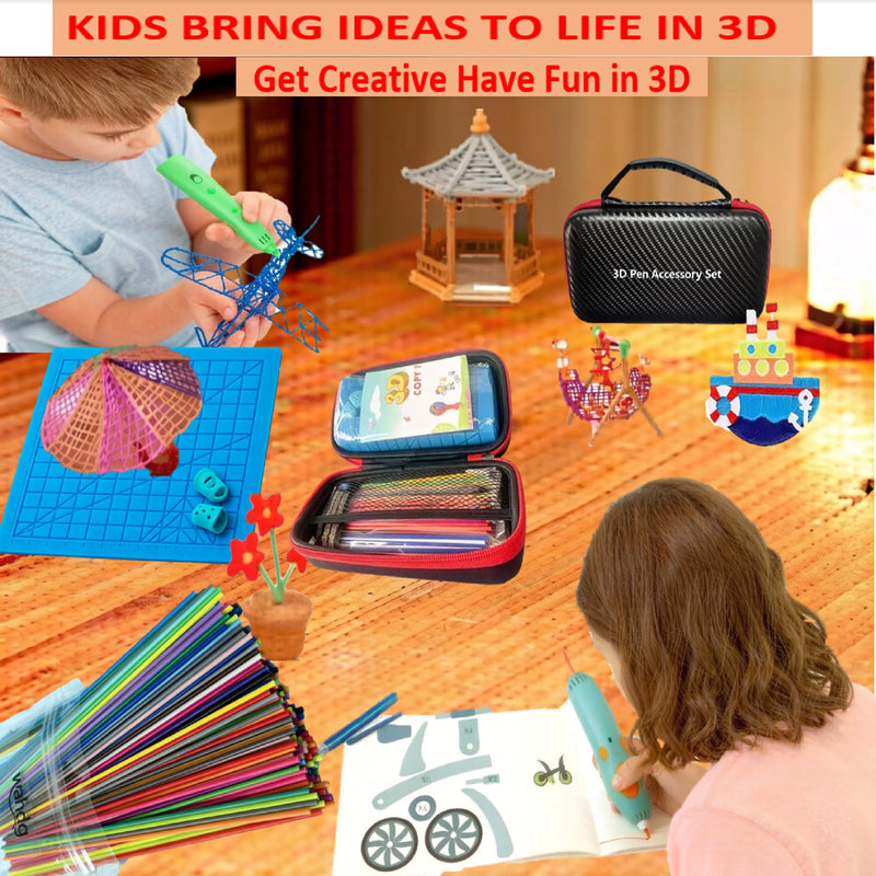 Case Compatible with 3Doodler Start+ 3D Pen for Kids | 3D Printing Pen Accessory 175PCS PCL Refills Packs, 1pc Silicone Stencil, 4Pcs Finger Protectors, 1pc Drawing Guide Book