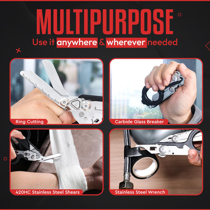 6 in 1 Multipurpose Emergency Trauma Shears Scissors with Holster , Outdoor Camping Rescue Tools with Glass Breaker , Strap Cutter Stainless Steel Foldable Scissors Pliers Black