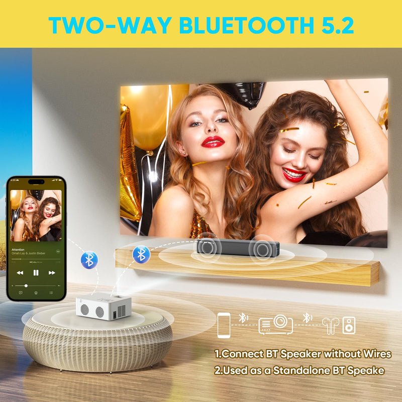 Mini Bluetooth Projector, Full HD 1080P Supported Portable Outdoor Movie Projector for iOS, Android, Windows, Compatible with TV Stick/HDMI/Smartphone/PS4/USB [Remote Included] A-9500 Bluetooth