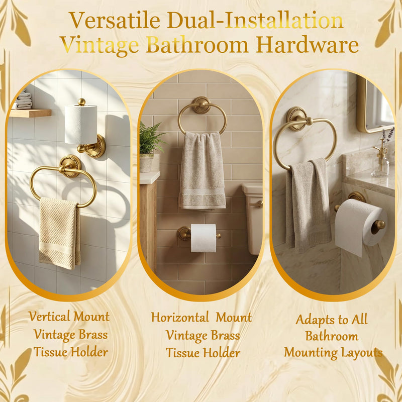 2-Piece Antique Brass Toilet Paper Holder & Towel Ring Set | Vintage Elegant Wall Mounted Retro Bathroom Hardware Tissue Roll Paper Hanger Bathroom Accessories