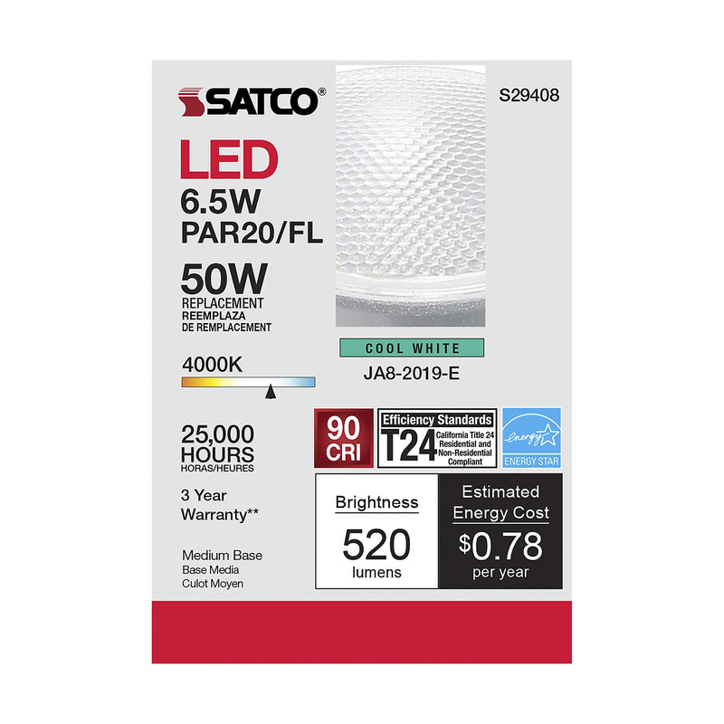 Satco 6.5 Watt 120 Volt PAR20 LED Reflector Light Bulbs; 4000K Cool White; 520 Lumen; 40 Deg. Beam Angle; E26 Medium Base Dimmable Wet Location (6 Light Bulbs)