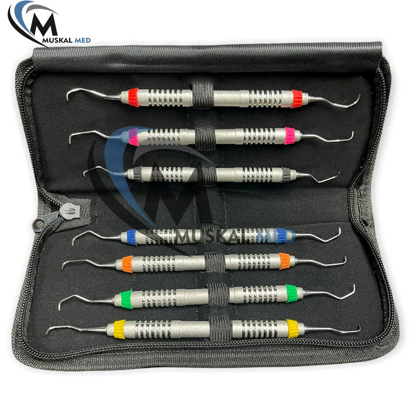 Set of 7 Gracey Dental Periodontal Curettes 1/2-13/14 Double Ended Special Handle Stainless Steel Dental Instruments with Carrying Case Kit 2304