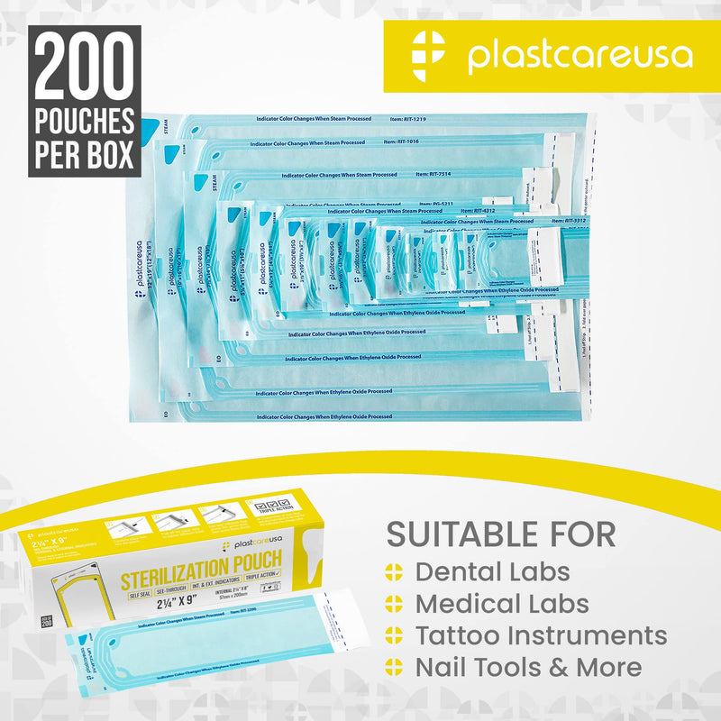 200 2.25 x 9 Sterilization Pouches, Sterilizer Autoclave Bags for Sterilizing Dental Medical Instruments and Cleaning Tools 200