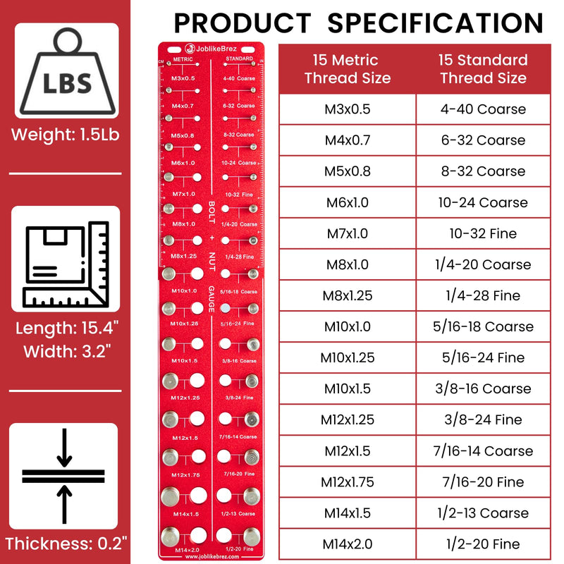Thread Checker, 30 Nut and Bolt Thread Checker, Bolt Size and Thread Gauge 15 Standard & 15 Metric, Thread Pitch Gauge, Wall-Mountable Bolt Thread Identifier Gauge with Inch & CM Ruler Red