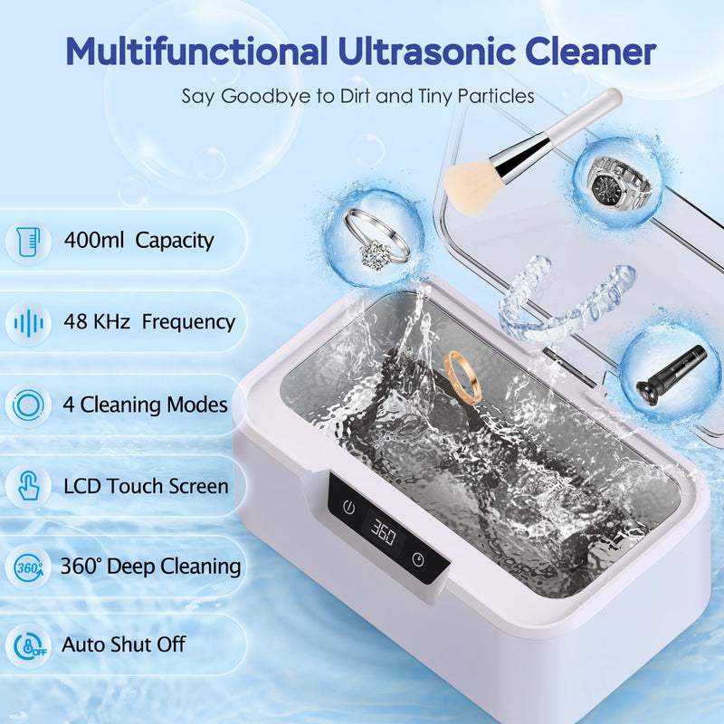 Ultrasonic Jewelry Cleaner Machine: Ring Cleaner Ultrasonic, 48Khz Sonic Cleaner for Necklaces, Eyeglasses, Watch Strap, Dentures - Digital Timer, 4 Time Modes, 304 Stainless Steel, 13.5oz White