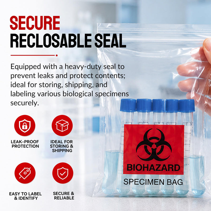 Biohazard Specimen Bags 6x9, Lab Sample Bags with Outer Pouch, 500-Pack | Reclosable seal bag with red biohazard logo. Features outside pocket for paperwork. Ideal for lab sample storage. 500 PCS