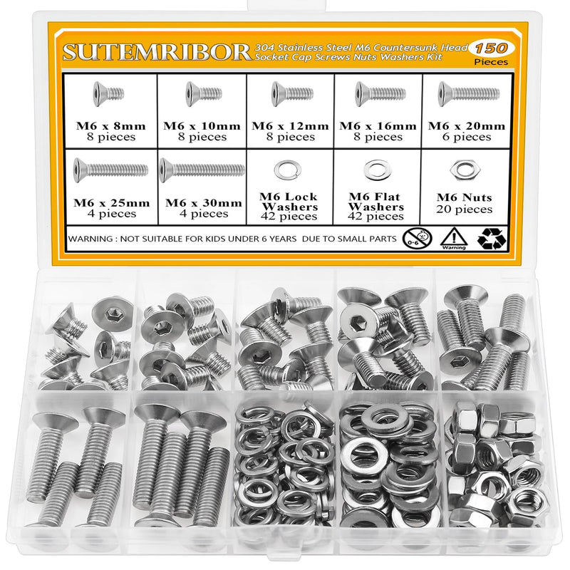 150 Pieces M6 Screws Nuts Washers Set, Sutemribor M6 x 8/10/12/16/20/25/30mm Countersunk Head Socket Cap Screws Nuts Washers Assortment Kit, 304 Stainless Steel, Fully Threaded