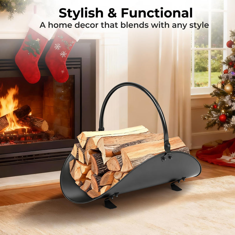 AMAGABELI GARDEN & HOME Fireplace Log Holder Indoor Firewood Carrier Metal Wood Rack Holder Tools Covers Fire Wood Basket Container Sets Ash Bucket and Carrying Bag Black Hearth 17"-Oval