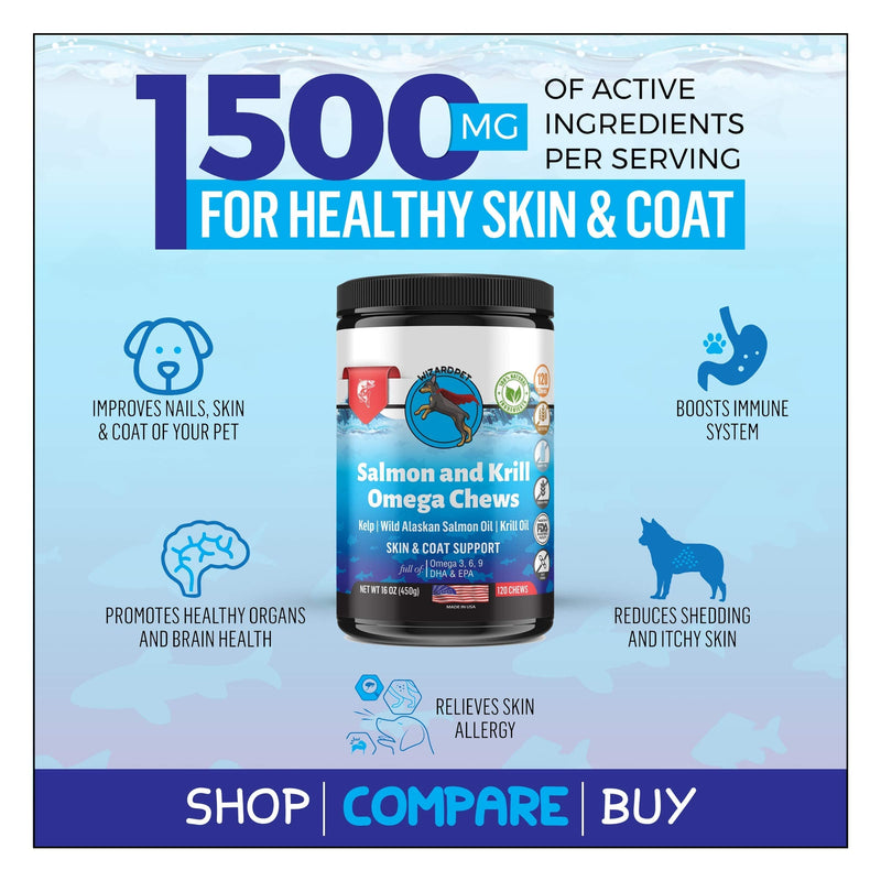 Wild Alaskan Salmon Krill Oil Chews for Dogs - 120 Soft Treats - Omega 3 6 9 Fish Supplement EPA, DHA for Itch-Free Skin Coat Joints - Allergy Relief - Reduce Hair Shedding - Made in USA - PawsPlanet Australia