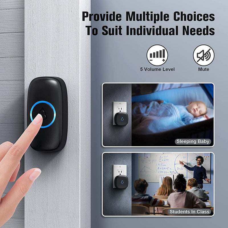 SECRUI Wireless Doorbell with 3Receivers 2 Push Buttons, Easy installation, Adjustable Volume, 58 Chimes, Colorful LED, 1000Ft Range, M520+F55, Black 3 receivers 2 push buttons