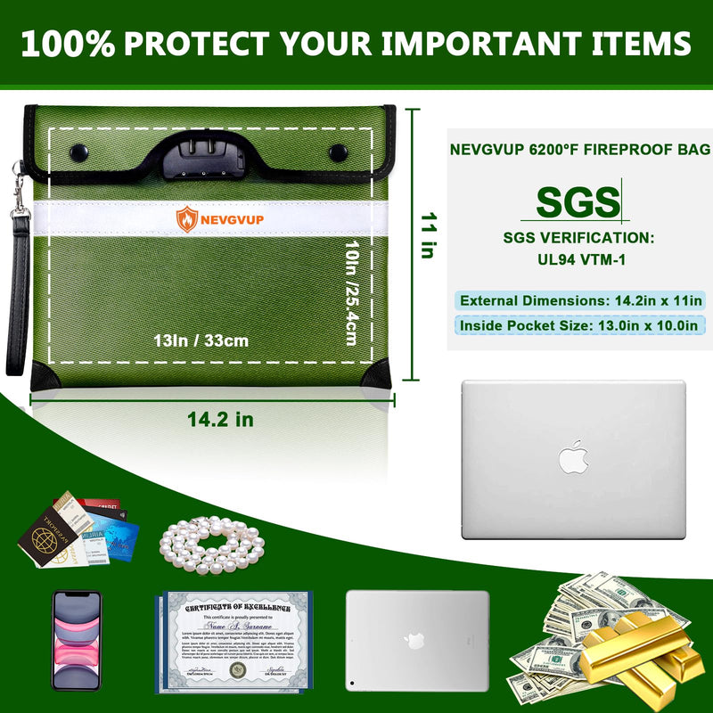 Upgraded 6200°F Fireproof Document Bag with Lock, Fire proof Money Bag for Cash with Zipper/Reflective Strip, 9 Layers of Heat Insulated Materials, Water Resistant Fireproof Bag for Documents,Safe Bag Green Inside Size 13.0“ x 10.0"