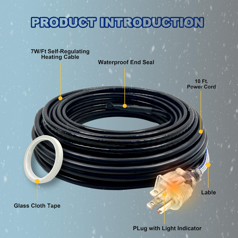 MAXKOSKO Self-regulating Pipe Heat Cable for Pipe Freeze Protection, Roof Gutter Snow Melting De-Icing Heating Cable for Ice Dam Prevention with 10 ft Power Cold, 7 w/Ft, 120 V, 35 Ft 35 Feet