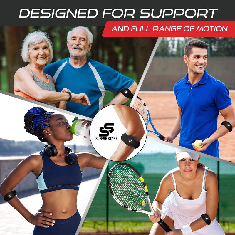 Sleeve Stars Tennis Elbow Brace for Men & Women, Tendonitis Elbow Brace & Strap Golfers Elbow Brace Counterforce Band for Tendon Pain Relief & Support for Forearm w/ 3 Straps Fits 9-23" (Single/Black) One Size Black 1