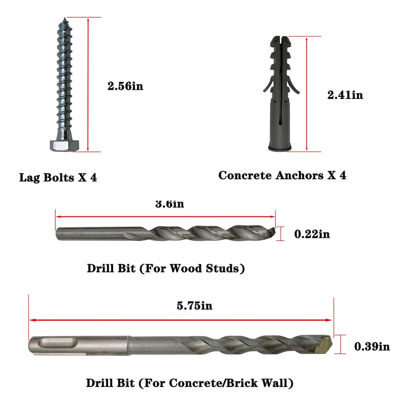NKAIKE Lag Bolt Kit for Mounting TV Bracket Into Wood Or Concrete - Includes Heavy Duty Bolts, Fischer Concrete Anchors and 2 Drill Bits