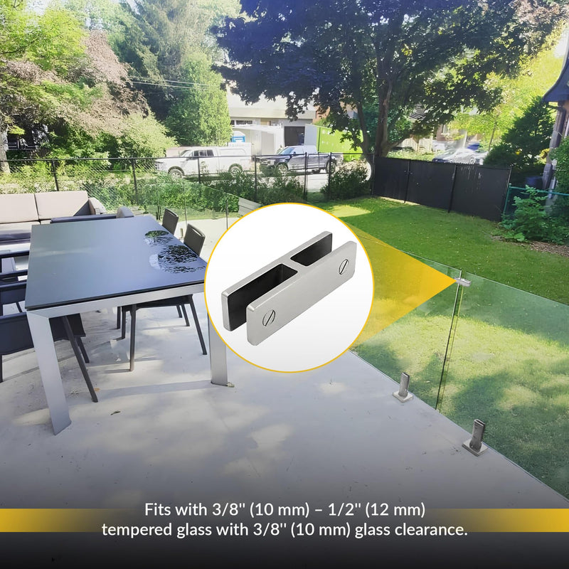 Brixwell Glass-to-Glass Bracing Clamp 180 Degree Type, Duplex 2205 Stainless Steel, Brushed Stainless Steel Finish, Fits 3/8" to 1/2" Tempered Panels, 3-15/16" Overall Length, 1-1/8" Overall Height