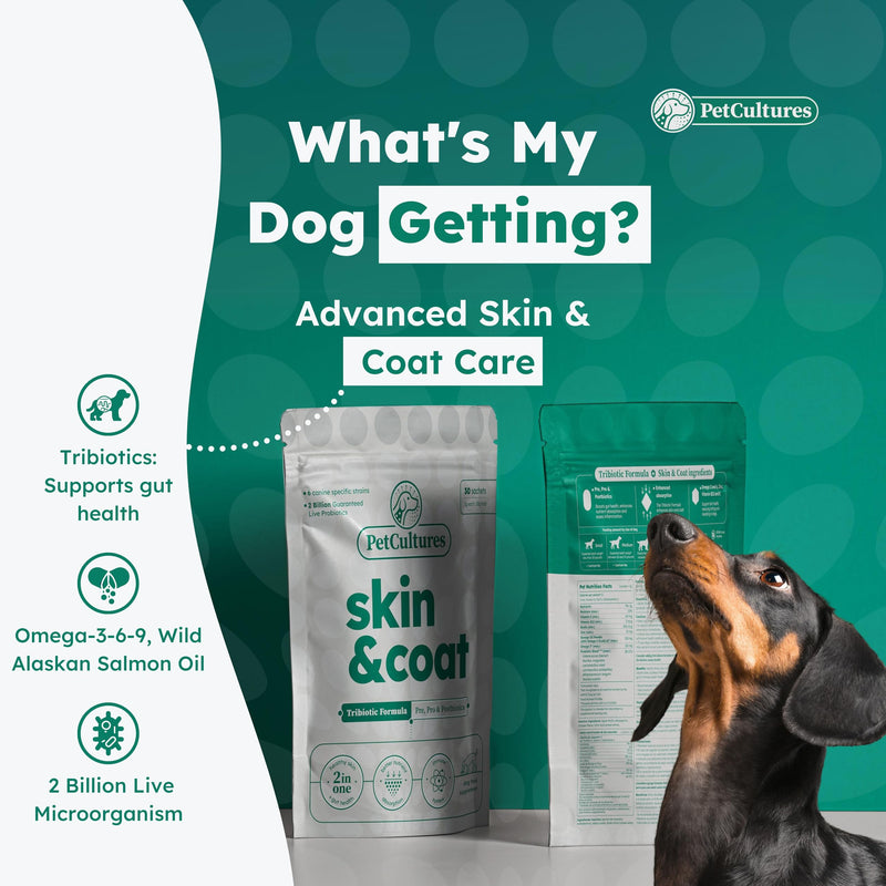 Omega 3 & 6 Coat Defense Powder, Probiotics for Dogs, Made in USA, Dog Allergy Relief, Itching Skin & Dry Skin Treatment, 2 Bil CFU, 450mg Biotin, Fish Oil, 30 Powder Packs Skin and Coat PRO - PawsPlanet Australia