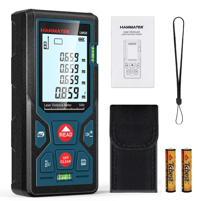 165ft/50m Laser Measure Ft/in/M Switching LM50 Laser Measurement Tool Devices with 2 Bubble Levels Distance Meter,Large Backlit LCD 165FT