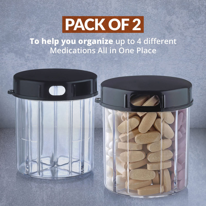 Round Pill Organizer Dispenser - Pack of 2 - Pill Boxes with 4 Compartments for Medication, Vitamins & Supplements Bottle Daily Pill Case Reminder Box, (Black and Clear) 2 Count (Pack of 1) Black & Clear