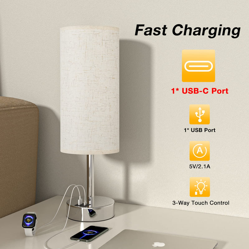 Touch Table Lamp for Bedroom Nightstand - Bedside Lamp with USB-C USB-A Charging Ports White, 3 Way Dimmable Small Lamp Fabric Shade Silver Base for Bedroom, Dorm Room, Office, Living Room, Reading 14in Cream