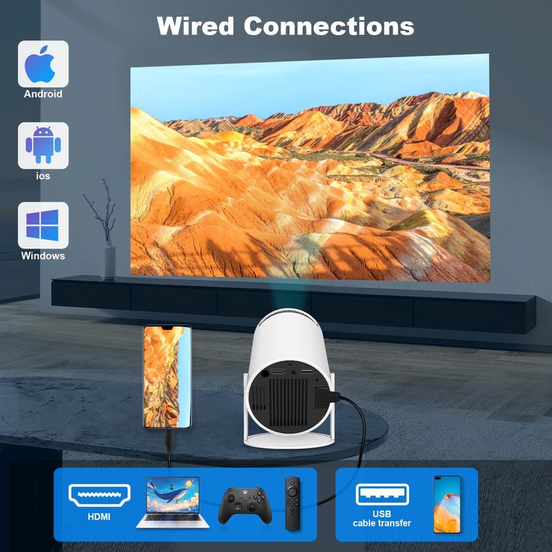 HY300 PRO MINI Projector, Portable Projector,Support 4K 1080P with Dual-Band WIFI6 5G Wireless 5.0 Bluetooth Android 11, 180° Rotatable, Auto Keystone Correction, 35"-130" Screen Video Projector