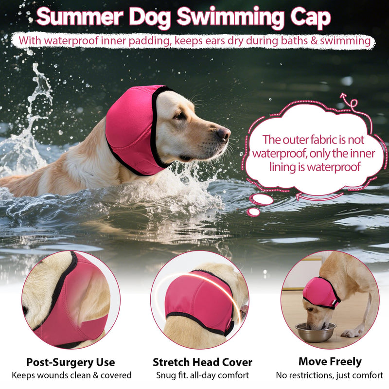 Dog Calming Hoodie Quiet Ear Cover for Noise Protection Anxiety Relief Ear Muffs, No Shake Ear Wraps for Dogs, Waterproof Swim Cap Bath Blow Dry Headband Wraps for Ear Hematoma Groom Fireworks(M,rose) Rose Red Medium(Head Circle:14"-19")