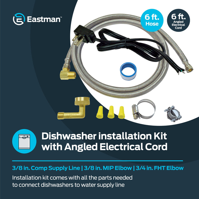 Eastman Dishwasher Installation Kit, 6 Foot Supply Line, 3/8 Inch x 3/8 Inch Compression, 6 Foot 3-Prong Straight Power Cord, Braided Stainless Steel Dishwasher Connectors, 41150 Straight cord