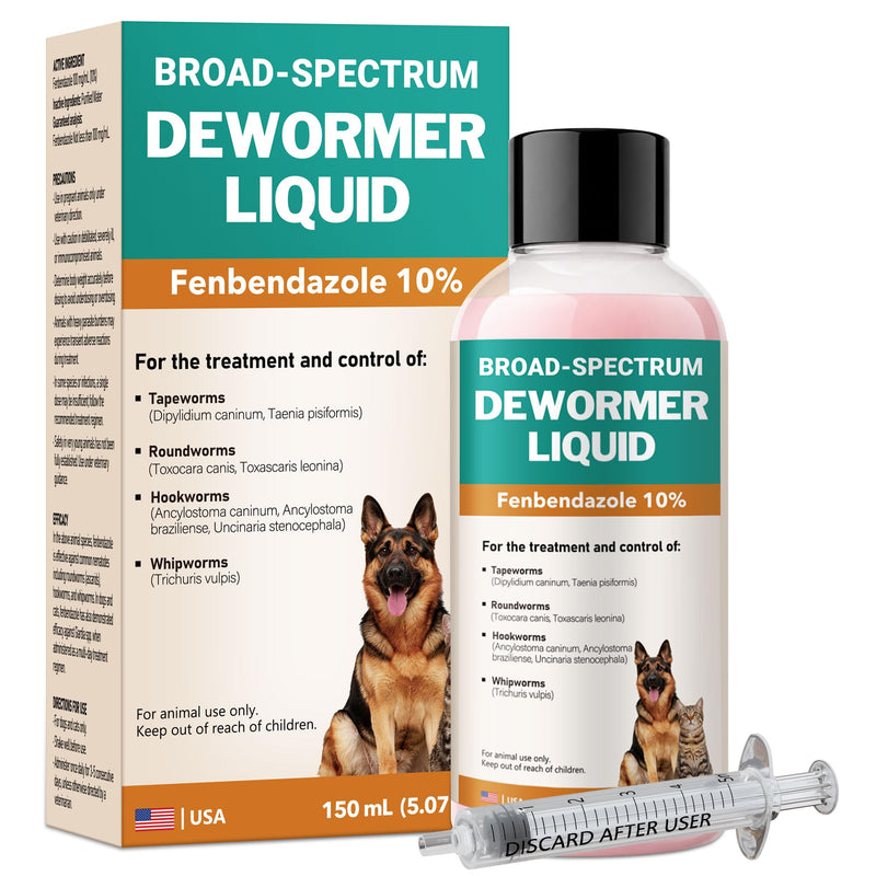 Dewormer for Cats & Dogs – Fenbendazole Liquid 10% – Removes Tapeworms, Roundworms, Hookworms & Whipworms Broad-Spectrum– 150ml Easy-to-Use