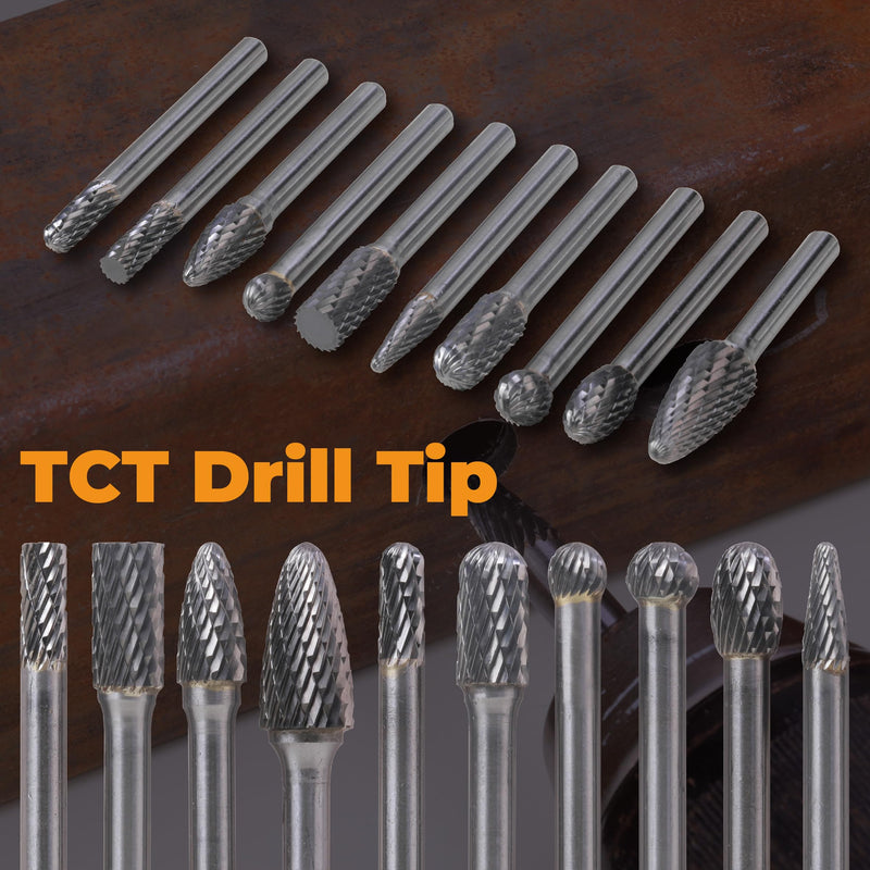 Carbide Cutting Burr Set 1/4 Inch Shank 10pcs Cutting Burr Rotary Files Set with Plastic Case Metal Wood Stone Hole Deburr Contouring Surface Milling Cleaning Grinding Engraving
