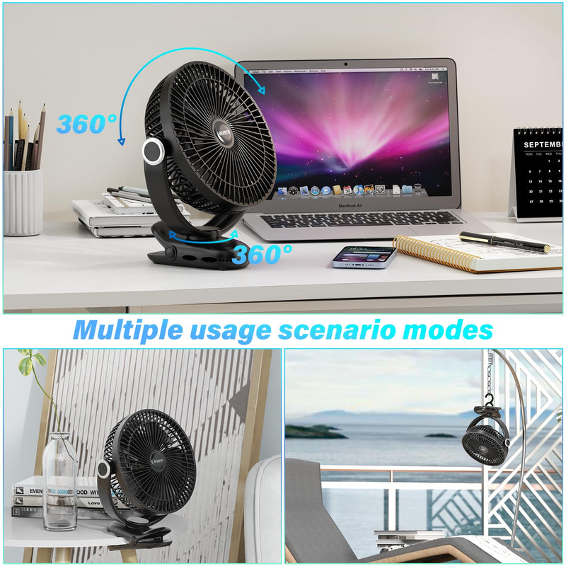 12000mAh Clip on Fan 30H Longest Runtime, 8in Portable Fan Rechargeable, Ultra Quiet with Heavy-Duty Clamp, USB Desk Fans for Golf Cart,Office Desk, Treadmill, Camping, Bedroom Classic Black