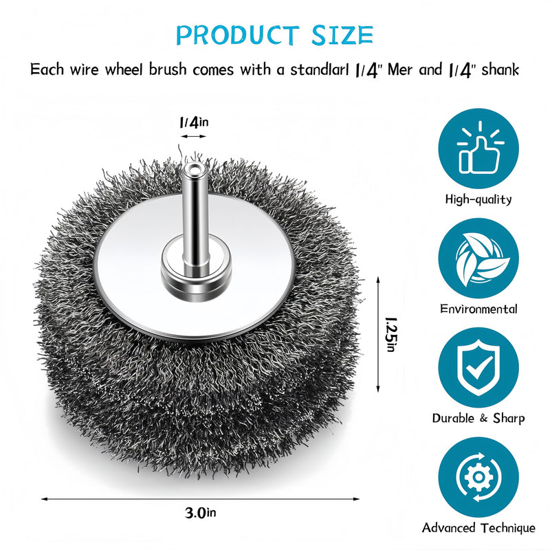 6PCS Wire Wheel for Drill– 3 Inch Heavy Duty Carbon Steel Wire Wheel, 1/4” Shank, for Rust, Paint & Corrosion Removal, Compatible with Die Grinders 6 Wire Brush for Drill