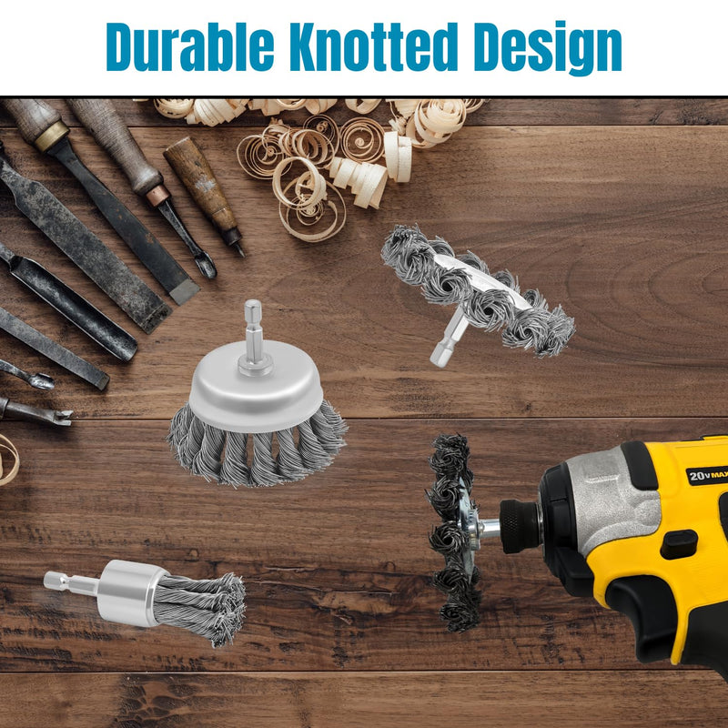 5pk 3in Knotted Wire Brush Wheel for Drill and Impact Driver, 1/4in Hex