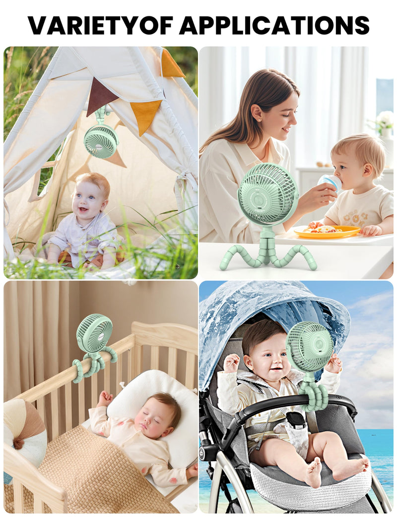 AMACOOL Baby Stroller Fan - 5000mAh Rechargeable, 3-Speed, Strong Yet Quiet, 360°Rotate Portable Clip on Fan for Travel, Car Seat, Crib, Bike, Treadmill, Beach Vacation Essentials Green