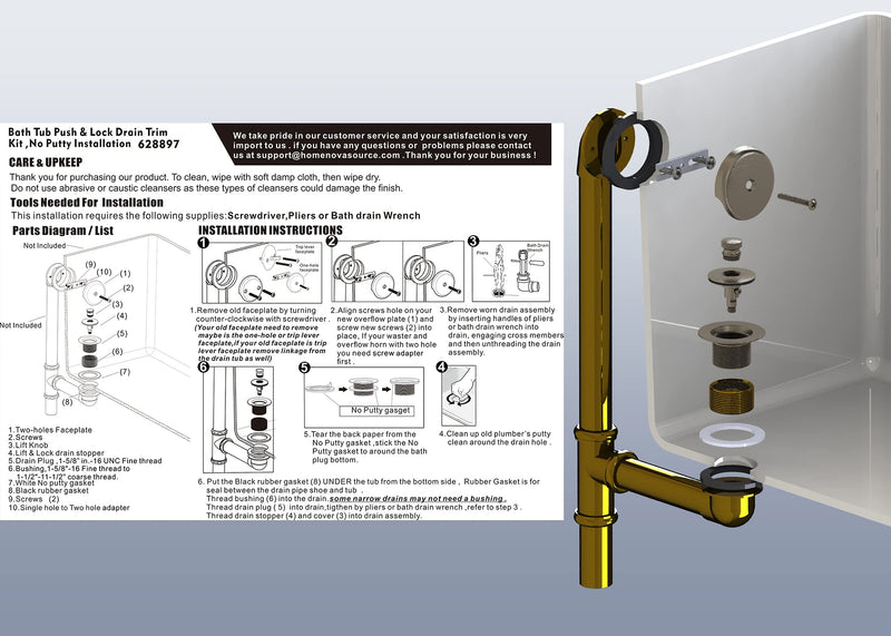 Artiwell Push & Lock Tub Trim Set with Single-Hole Overflow Faceplate, Bathtub Conversion Kit Assembly with Conversion Bar, Universal Fine/Coarse Thread, No Putty Installation (Chrome Plated) Chrome Plated