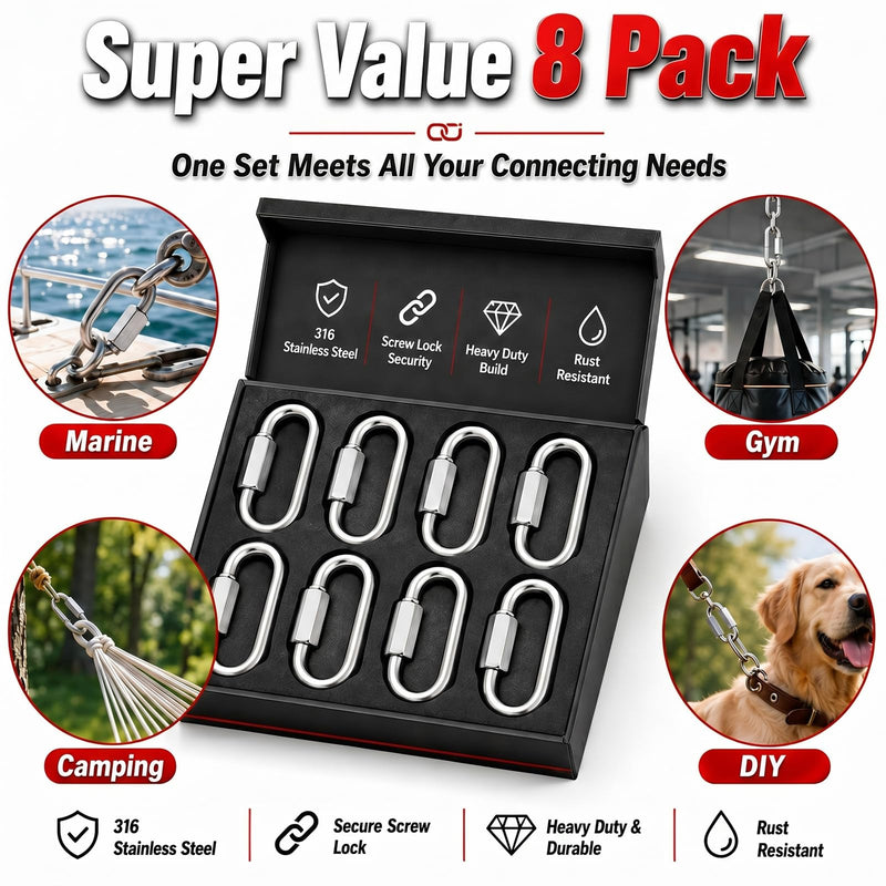 8 Pack 5/16" 316 Stainless Steel Heavy Duty Quick Links D-Shape Locking Chain Connectors 875-2300 Lbs Working Load Marine Grade Safety Links for Towing Marine Camping Industrial Use 5/16"