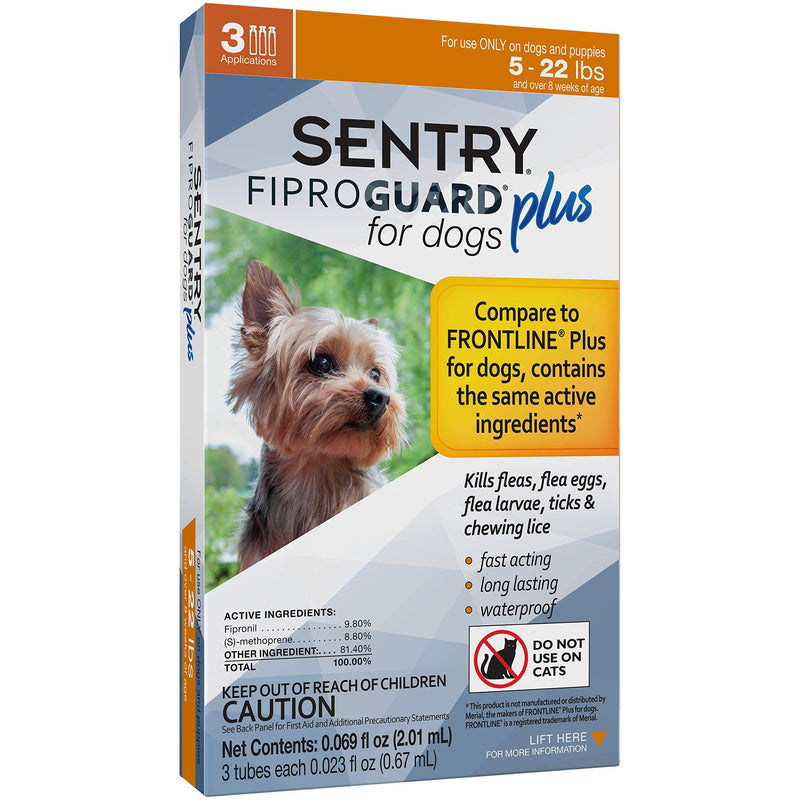 Sentry 3 Count Fiproguard Plus for Dogs Squeeze-On, 5-22-lbs (Pack of 2)