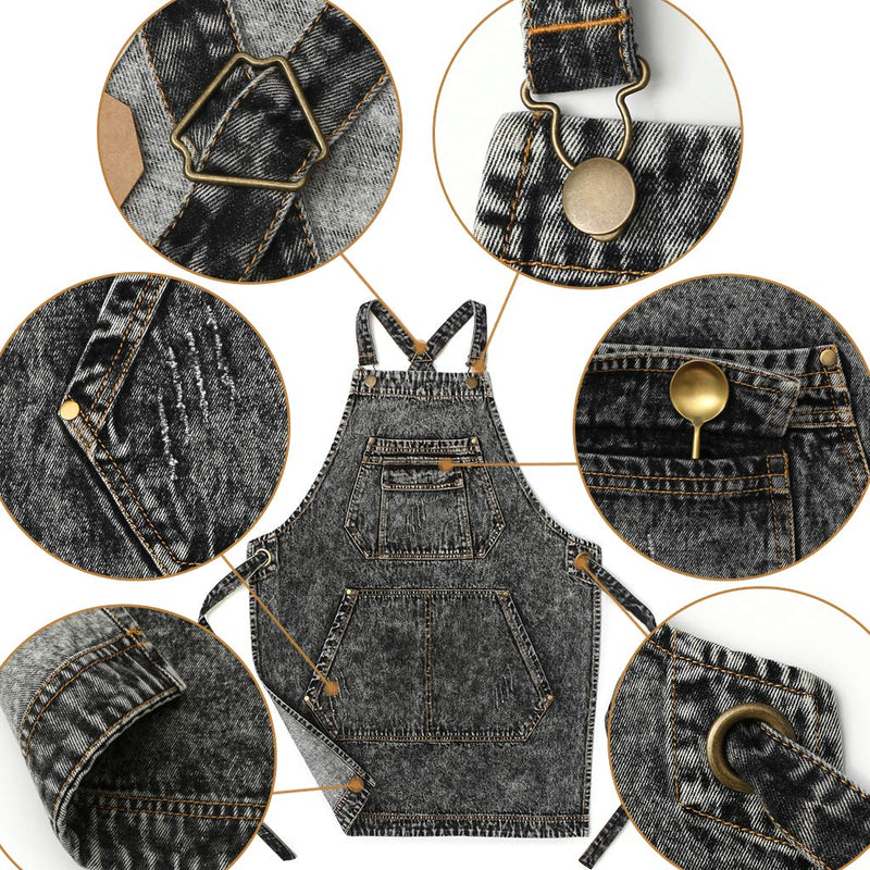 Jeanerlor - Denim Apron with Pockets for Hair Stylist Gardening Craftsmen Barista Women Hairdresser Jean Work Apron Cross Straps & Adjustable S to L (Black) Medium Black