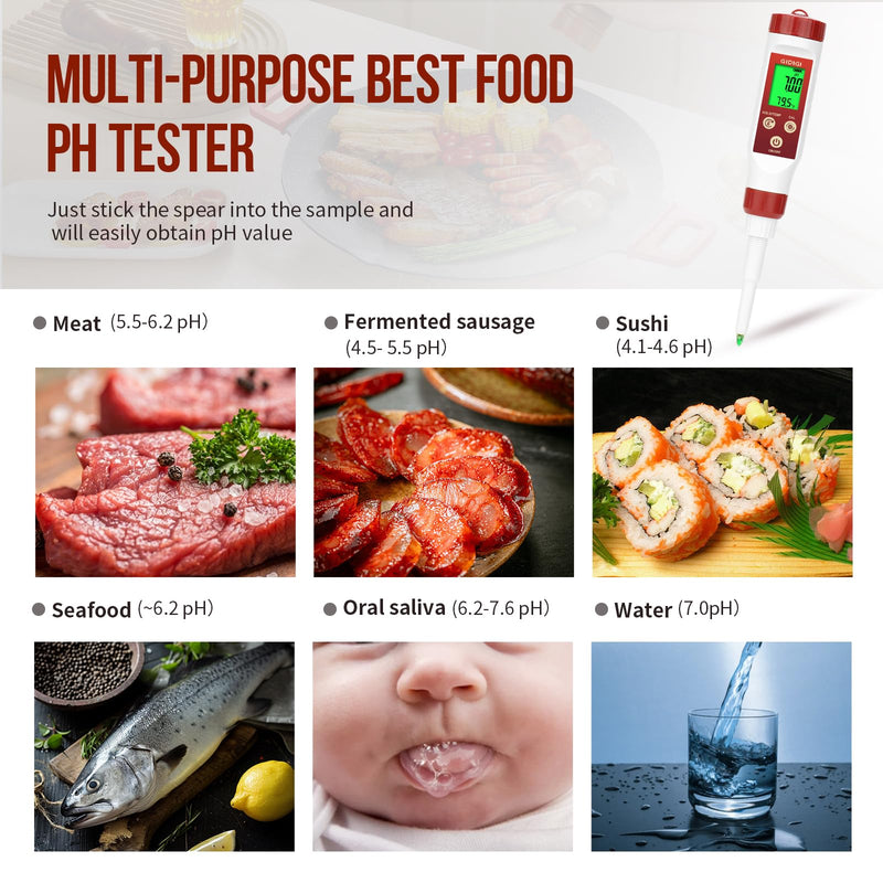 pH Meter for Food,Digital pH Meter for Fermentation,Hot Sauce,Canning,Spear Tip pH Food Tester Probe for Cheese,Cooking,Sourdough Bread,Saliva,Water Resistant Food pH Tester for Semi-Solid and Water