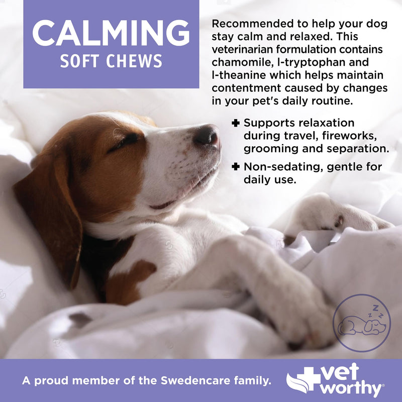 Vet Worthy Dog Calming Chews - Promotes Relaxation and Helps Reduce Stress in Pets with Tryptophan and L Theanine for Dogs - Calming Chews for Dogs Anxiety, Fireworks, and Travel - 60 Soft Chews
