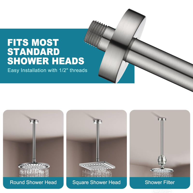 BRIGHT SHOWERS Shower Arm with Flange for Rainfall Shower Head, 12 Inch Ceiling Mount Straight Arm, Replacement Extension Pipe, Heavy-Duty Stainless Steel, Rust-Resistant, 1/2" NPT, Brushed Nickel