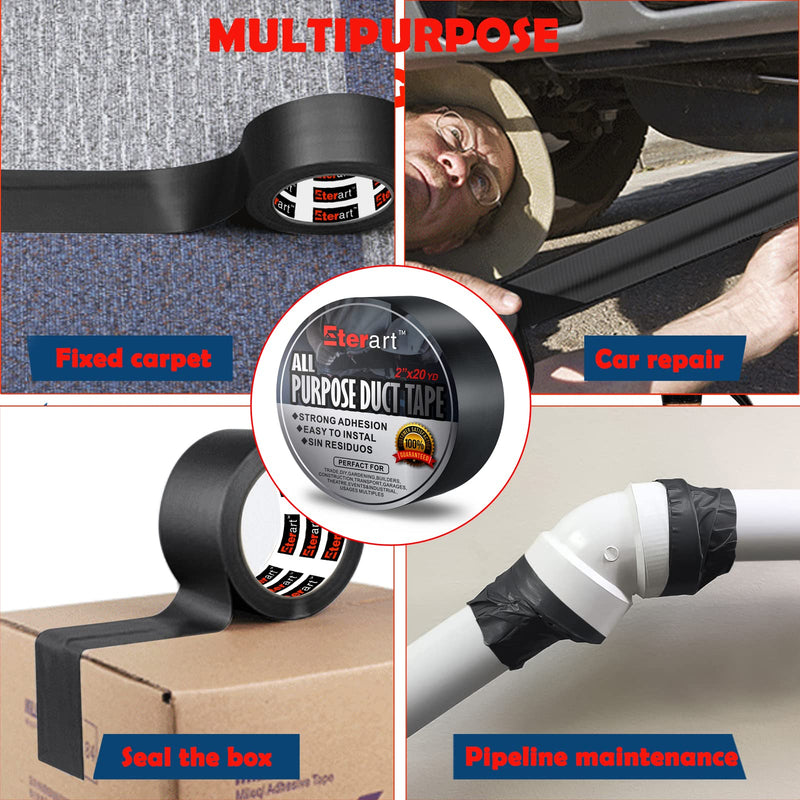 Duct Tape Haevy Duty Strong Industrial Max Strength Tape, No Residue and Tear by Hand, Multi-Purpose, Indoor & Outdoor Use, 2 Inch x 20 Yards (Black) Black